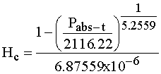 h[c] = (1 - (P[abs-t]/2116.22)^(1/5.2559))/6.87559x10^-6